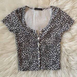 Brandy Melville Womens Top Leopard Print button down Babydoll crop